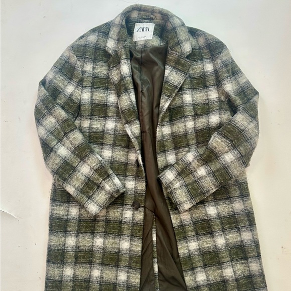 Zara Men's Olive Plaid Trench Coat - Picture 1 of 3